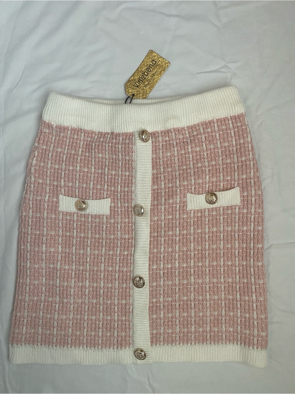 Vinizbena Chic Pink Tweed Button-Front Knit Skirt - Cream Trim